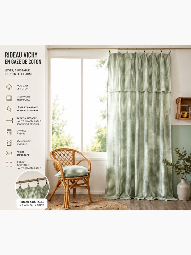 Rideau ajustable double gaze de coton vichie Vert eucalyptus - Kiabi