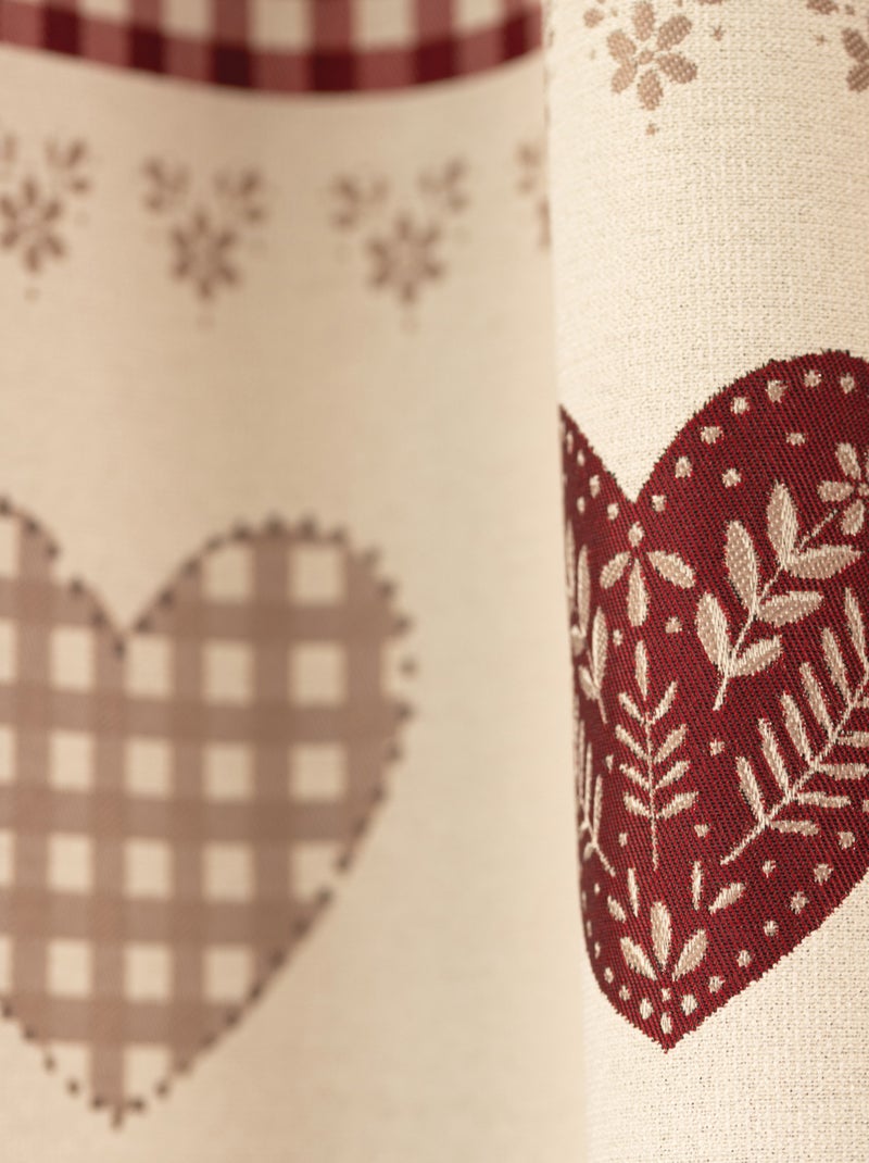 Rideau jacquard à œillets avec haut vichy et motifs cœurs Taupe - Kiabi