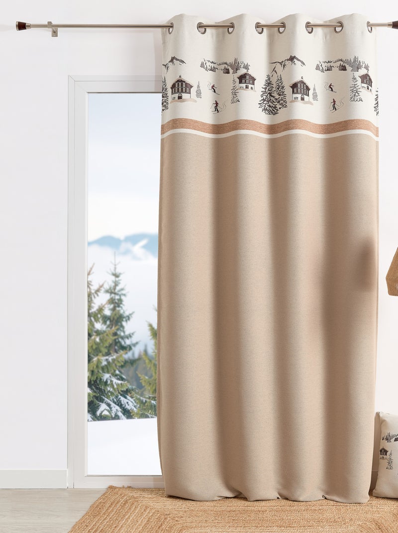 Rideau jacquard à œillets avec motif chalets et sapins Beige - Kiabi