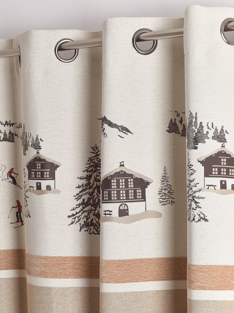Rideau jacquard à œillets avec motif chalets et sapins Beige - Kiabi