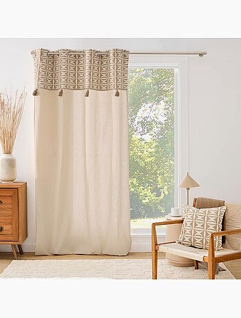 Rideau tamisant à œillets en polycoton avec jacquard et pompons