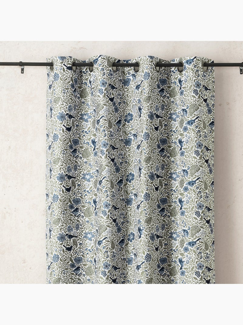 Rideau tamisant jacquard polycoton à motifs floraux et oiseaux Bleu - Kiabi
