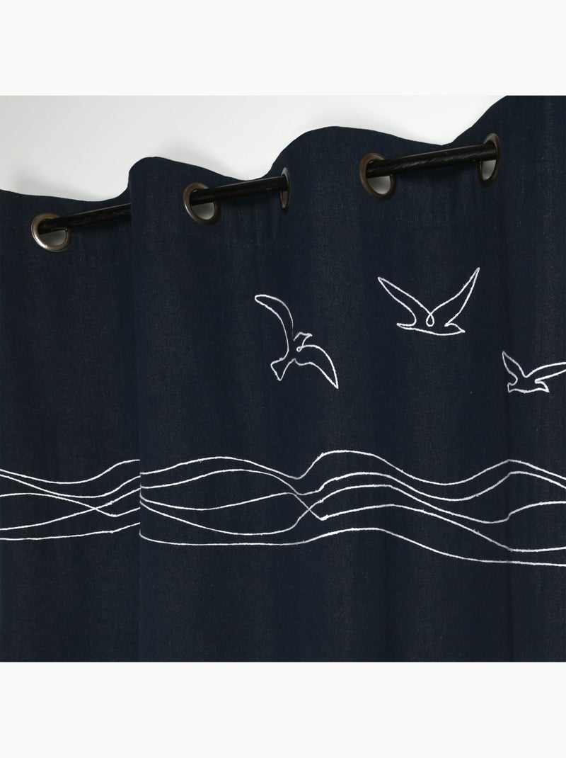 Rideau tamisant polycoton à œillets motif bord de mer Bleu marine - Kiabi