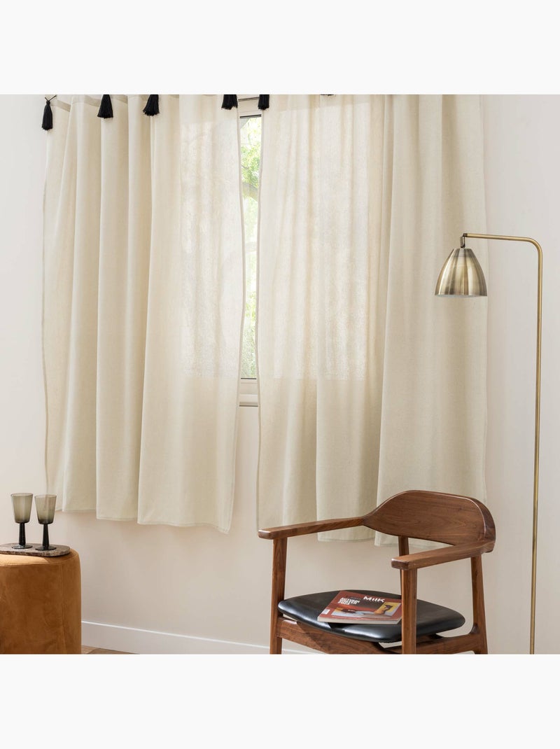 Rideau tamisant polycoton avec passants et pompons Beige - Kiabi