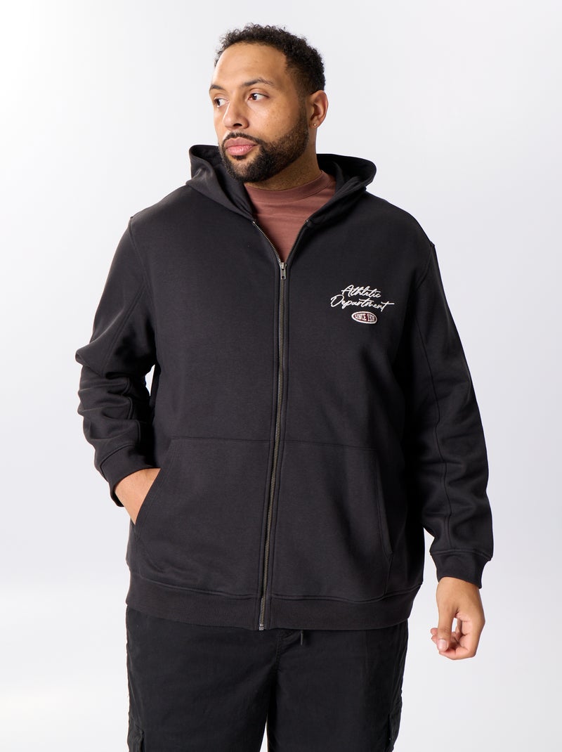 Ritssluitingsweater met capuchon en geborduurde opschriften Zwart - Kiabi