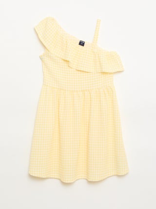 Robe à col asymétrique volanté motif Vichy