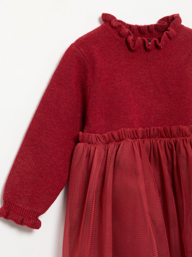 Robe à manches longues en tricot et tulle Rouge - Kiabi