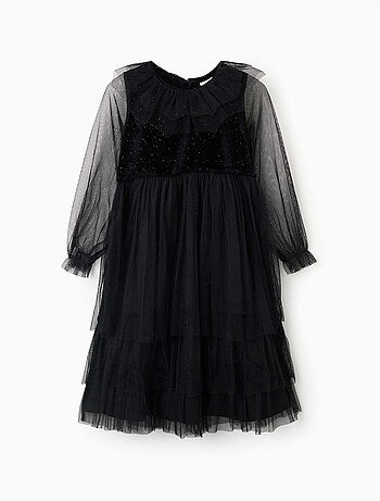 Robe à manches longues en velours et tulle avec volants