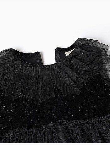 Robe à manches longues en velours et tulle avec volants