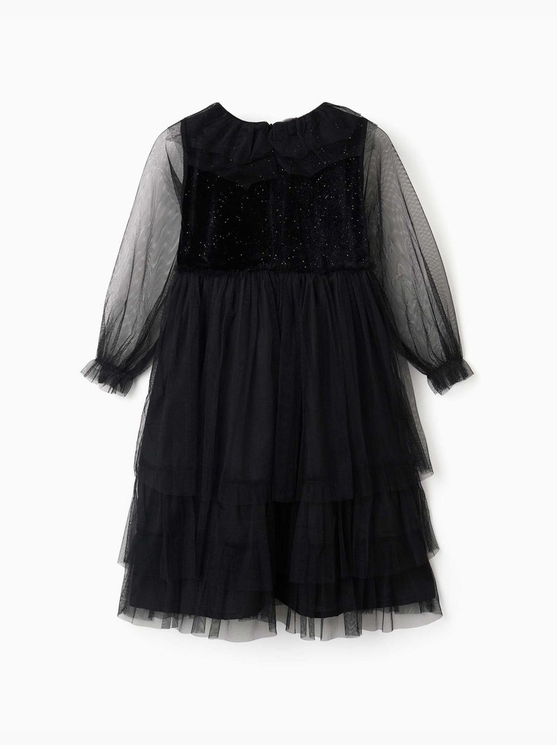 Robe à manches longues en velours et tulle avec volants Noir Noir - Kiabi