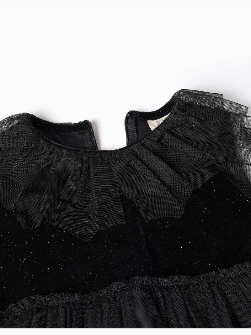 Robe à manches longues en velours et tulle avec volants Noir Noir - Kiabi
