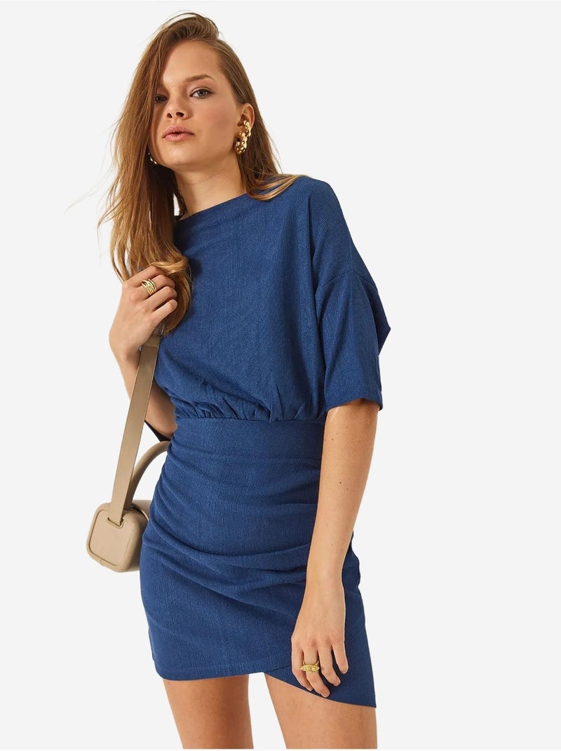Robe basique avec taille élastique, manches chauve-souris et jupe à volants lucci Bleu marine - Kiabi