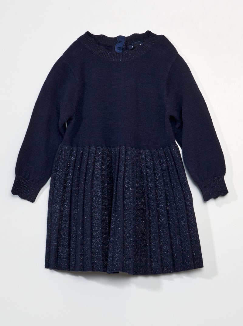Robe bi-matière maille tricot et jupe plissée bleu marine - Kiabi