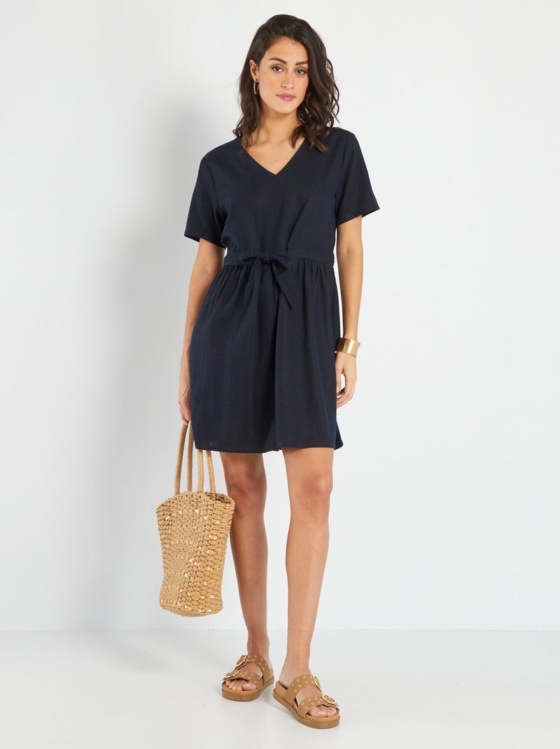 Robe ceinturé en lin 'JDY' Bleu - Kiabi