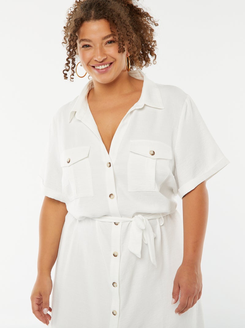 Robe chemise coupe midi manches courtes avec ceinture Blanc - Kiabi