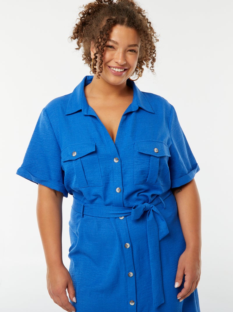 Robe chemise coupe midi manches courtes avec ceinture Bleu - Kiabi