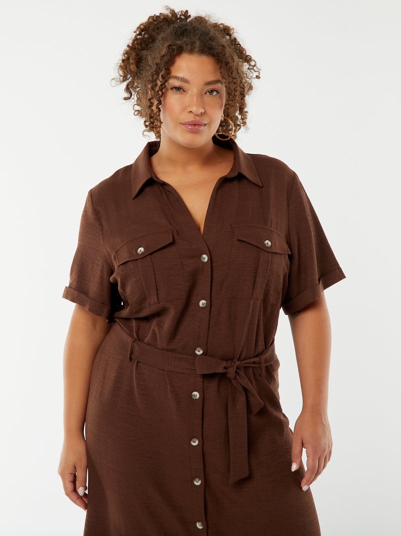 Robe chemise coupe midi manches courtes avec ceinture Marron - Kiabi