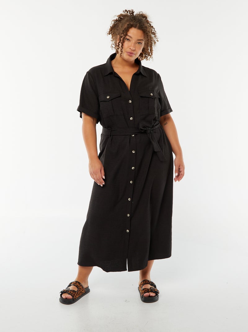 Robe chemise coupe midi manches courtes avec ceinture noir - Kiabi