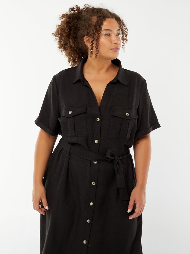 Robe chemise coupe midi manches courtes avec ceinture noir - Kiabi