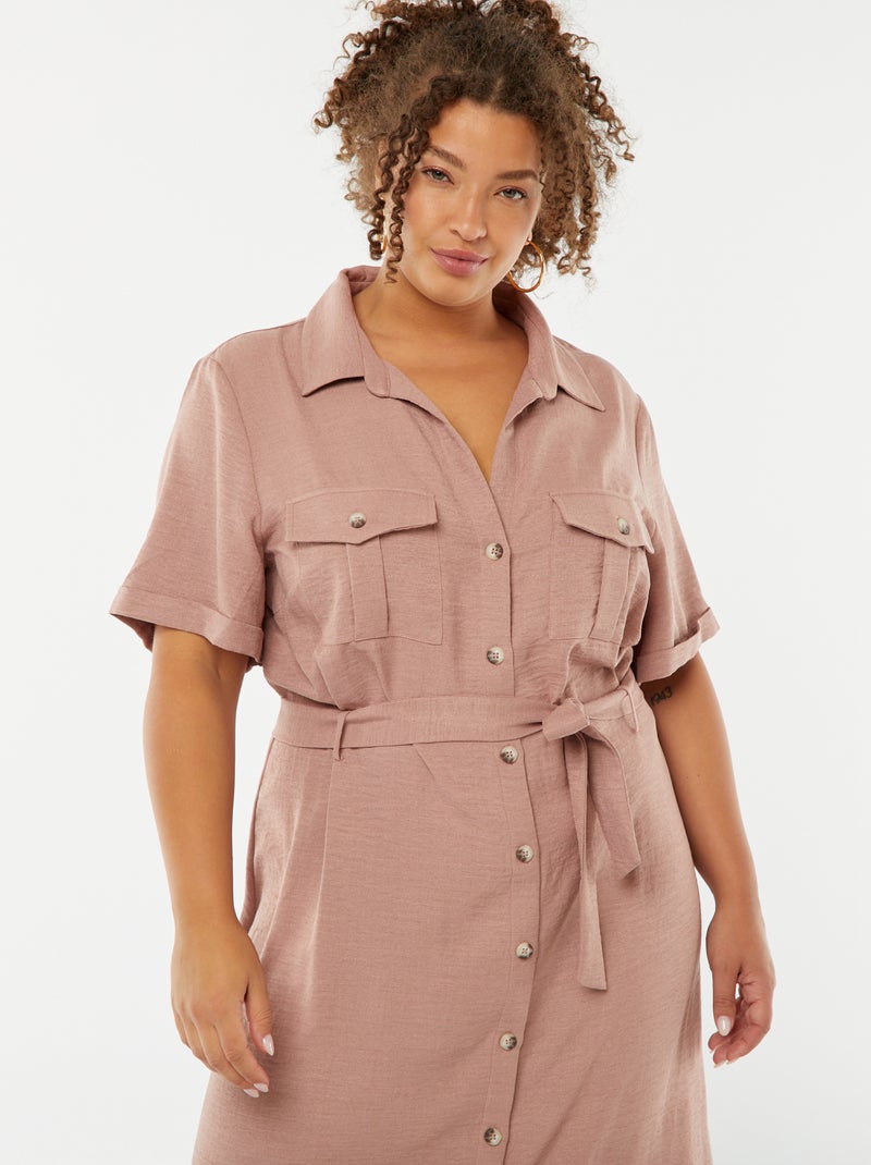 Robe chemise coupe midi manches courtes avec ceinture Rose - Kiabi