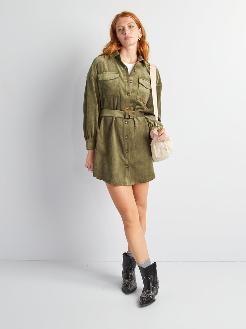 Robe chemise courte en velours à ceinturer Kaki - Kiabi