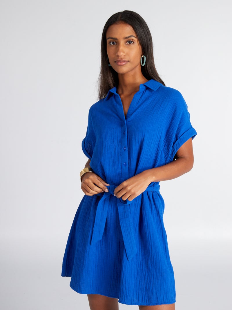 Robe chemise en double gaze de coton bleu - Kiabi