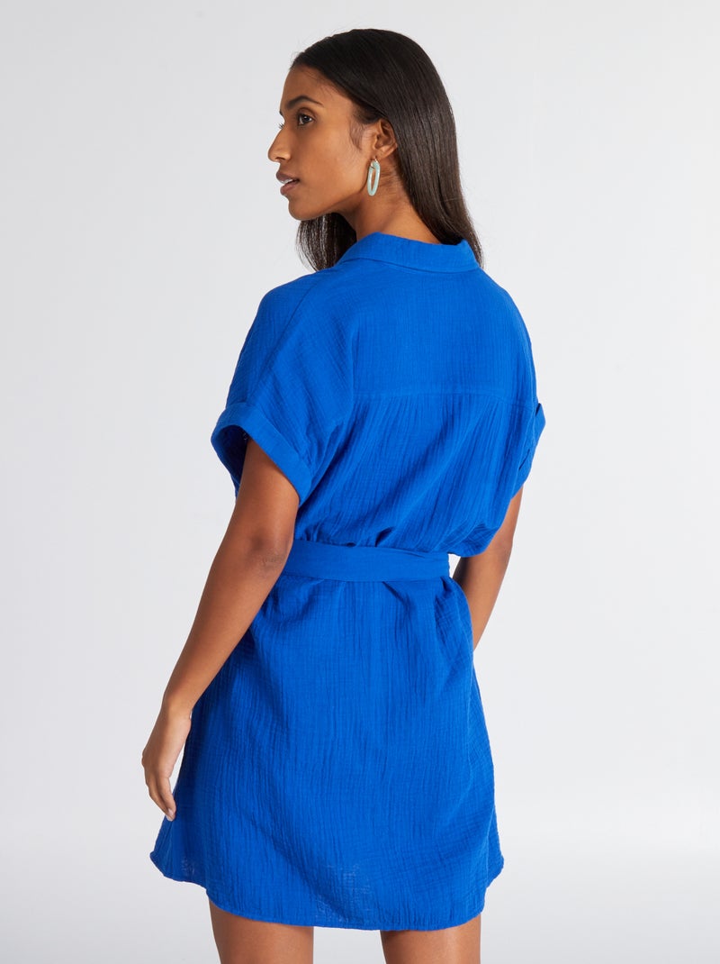 Robe chemise en double gaze de coton bleu - Kiabi