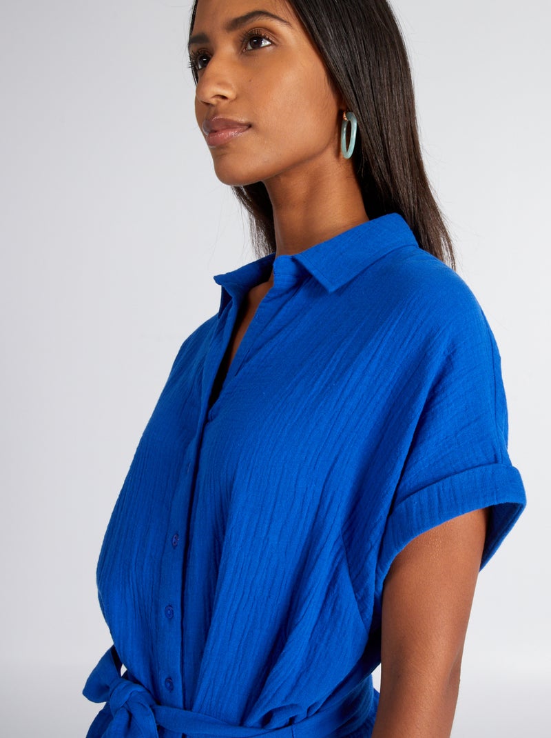 Robe chemise en double gaze de coton bleu - Kiabi