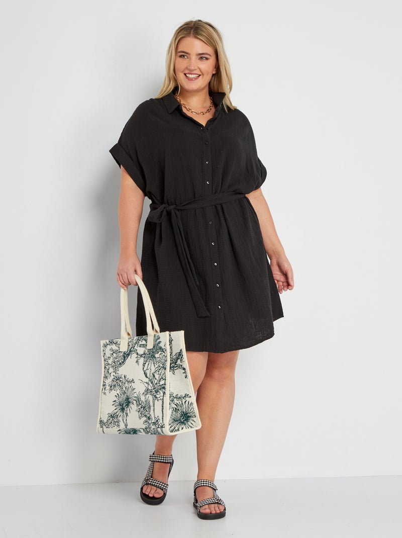 Robe chemise en gaze de coton noir - Kiabi