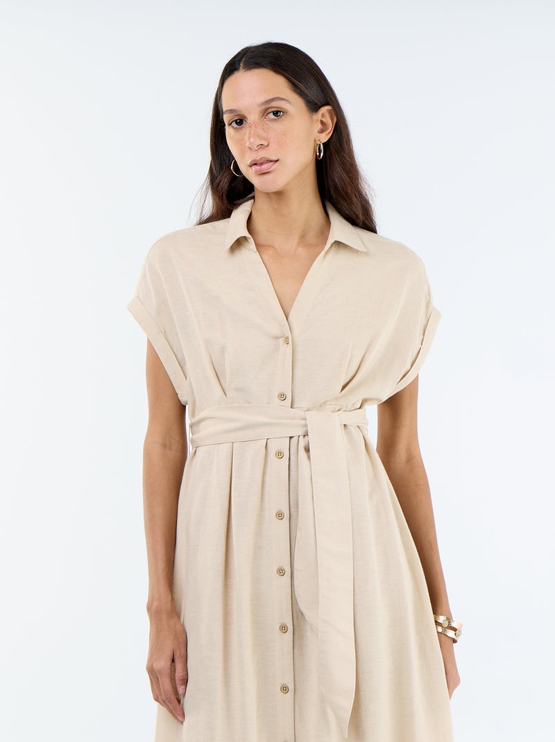 Robe chemise longue à manches courtes Beige - Kiabi
