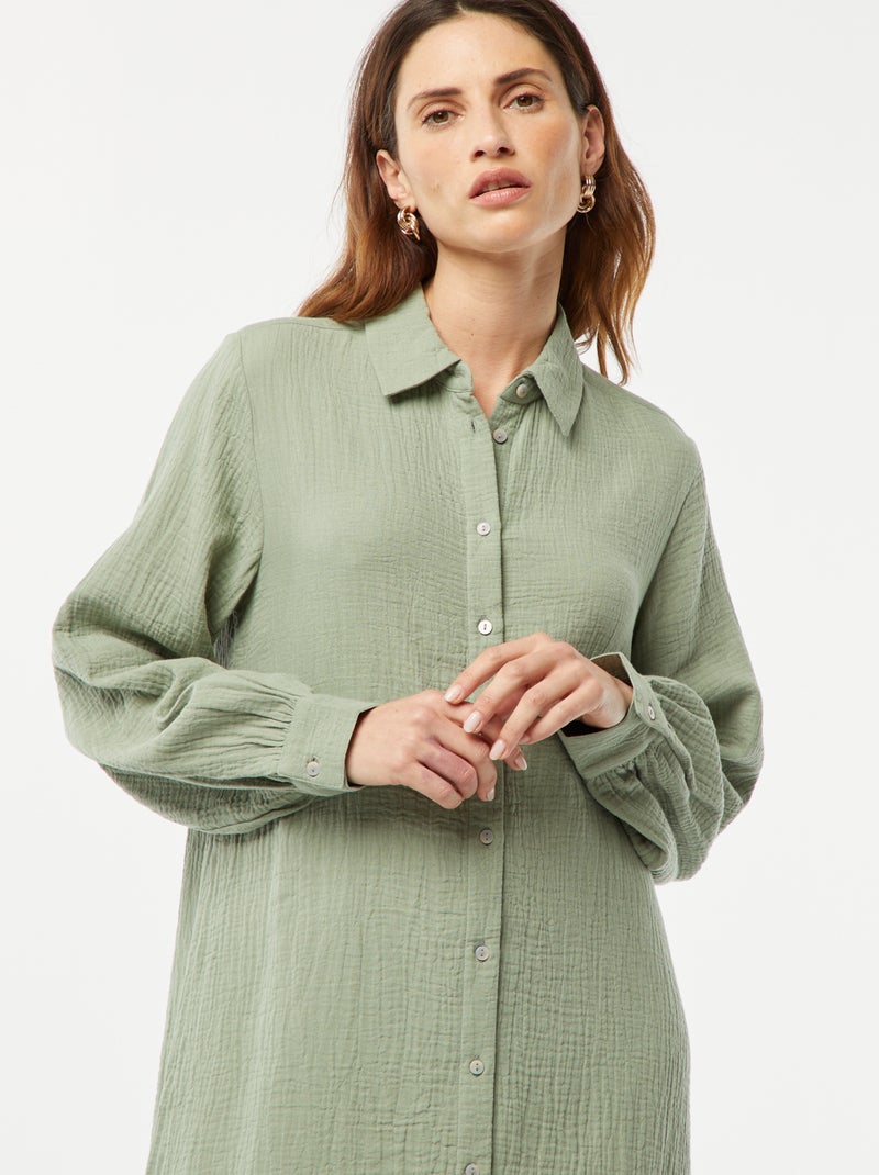 Robe Chemise Femme En Coton - Taille S - Couleur Vert Clair - Occasion En Très Bon état - Style Décontracté Manches Courtes