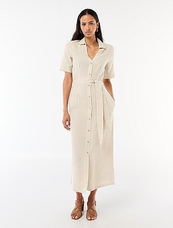 Robe chemise longue manches courtes en coton et lin