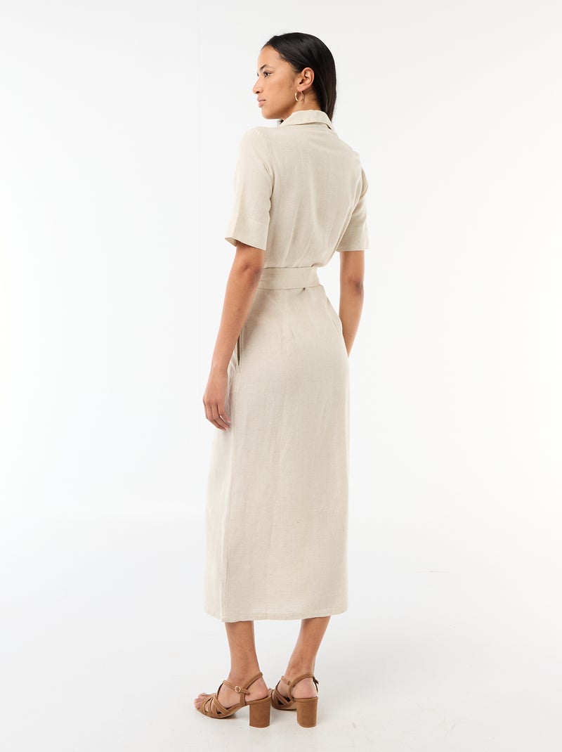 Robe chemise longue manches courtes en coton et lin Beige - Kiabi