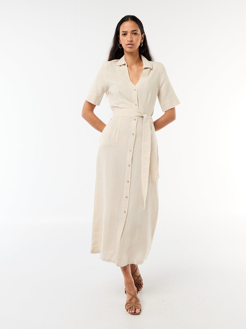 Robe chemise longue manches courtes en coton et lin Beige - Kiabi