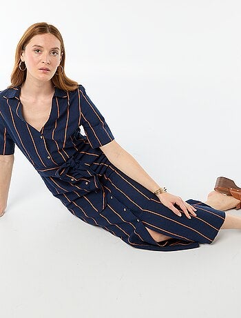 Robe chemise longue manches courtes en coton et lin