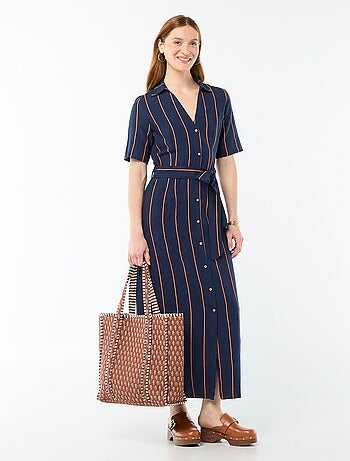 Robe chemise longue manches courtes en coton et lin