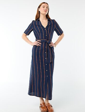Robe chemise longue manches courtes en coton et lin