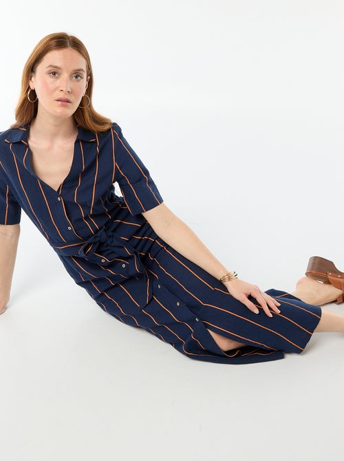 Robe chemise longue manches courtes en coton et lin - Kiabi