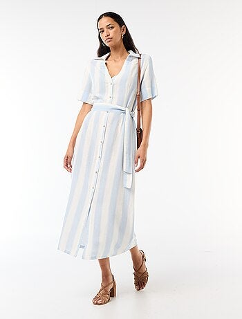 Robe chemise longue manches courtes en coton et lin