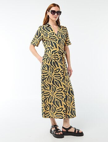 Robe chemise longue manches courtes en coton et lin