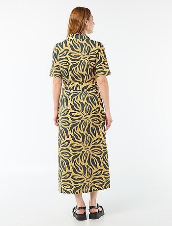 Robe chemise longue manches courtes en coton et lin