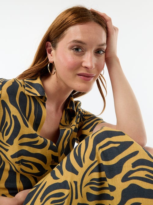 Robe chemise longue manches courtes en coton et lin - Kiabi