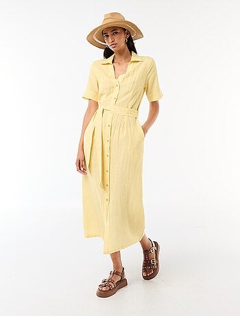 Robe chemise longue manches courtes en coton et lin