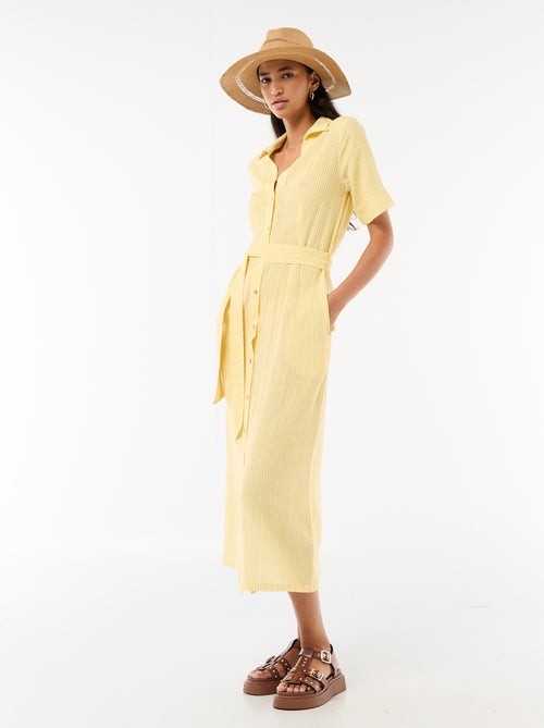 Robe chemise longue manches courtes en coton et lin - Kiabi