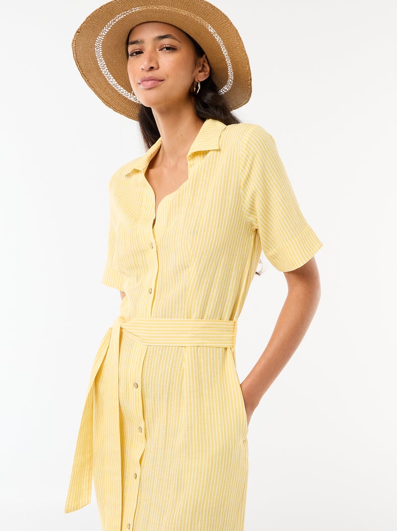 Robe chemise longue manches courtes en coton et lin Jaune - Kiabi