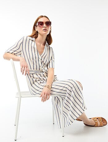 Robe chemise longue manches courtes en coton et lin