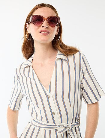 Robe chemise longue manches courtes en coton et lin