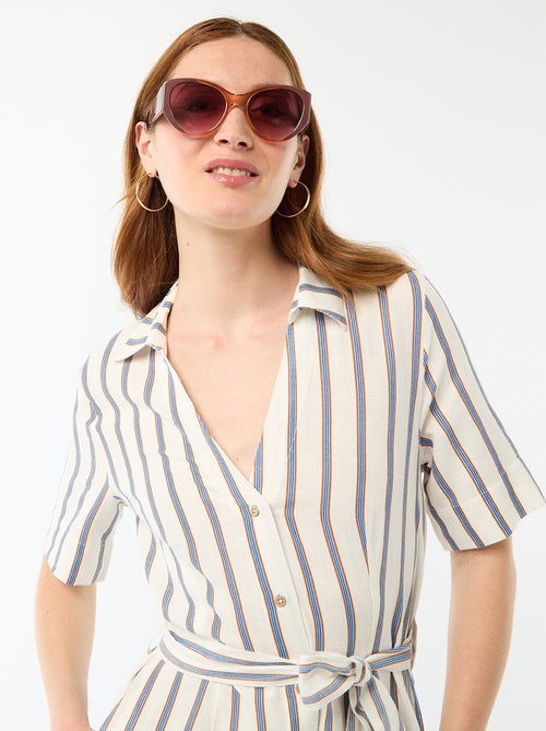 Robe chemise longue manches courtes en coton et lin - Kiabi