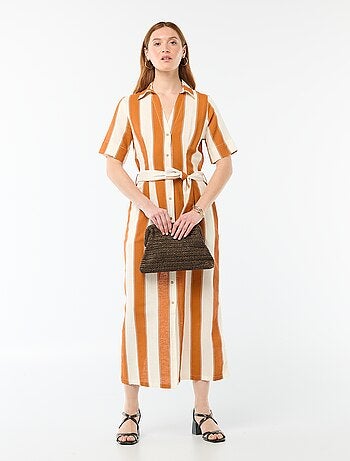 Robe chemise longue manches courtes en coton et lin