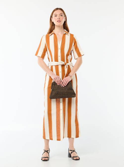 Robe chemise longue manches courtes en coton et lin - Kiabi
